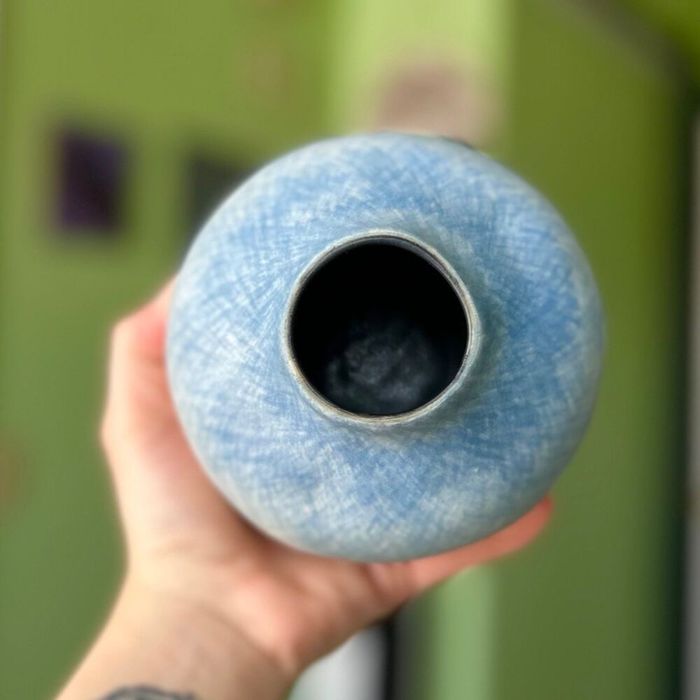 Bohemian Eclectic Unique Blue + Cream Pottery Indoor Vase Accent Decor Piece - Picture 2 of 10
